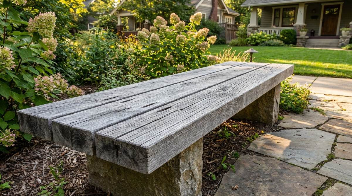 A rustic garden bench made from wide planks spanning stone or log supports, featuring weathered silver-gray grain patterns and designed for durability with proper drainage.