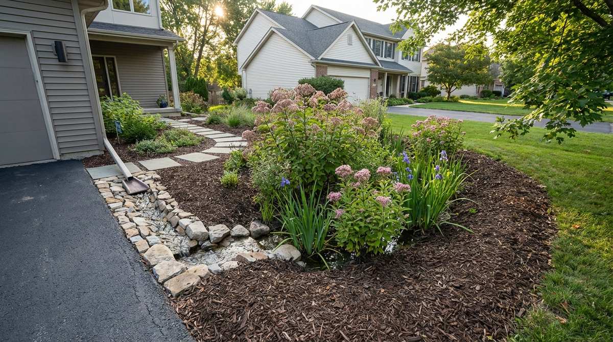 A modern rain garden forecourt featuring a shallow depression planted with moisture-tolerant native plants like Joe Pye weed, swamp milkweed, and blue flag iris. This sustainable front yard design captures roof runoff and driveway drainage, temporarily retaining water for slow infiltration while filtering pollutants. The garden includes 3-4 inches of mulch to prevent erosion during heavy flows, transforming functional stormwater management into an attractive landscape feature visible from the street.