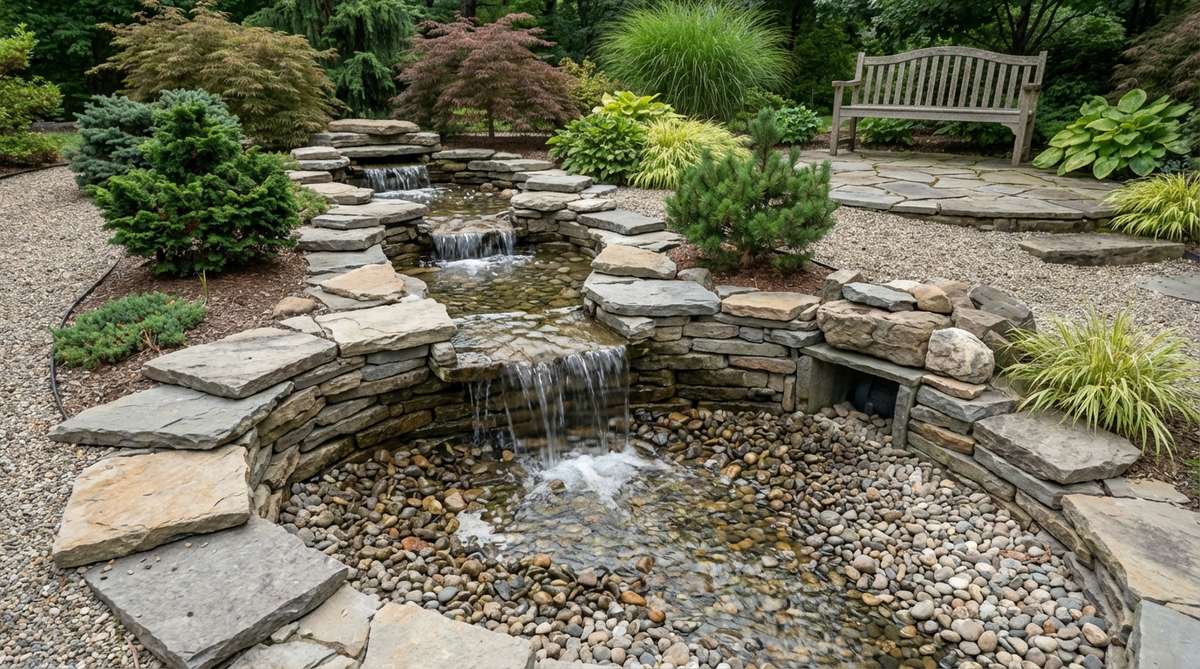 A serene recirculating stone waterfall in a zen garden, featuring stacked flat stones that create cascading water flows. The sound intensity varies with water volume and stone arrangement, with adjustable pump flow rates for seasonal use—higher in hot summer months to mask traffic noise and lower in quiet seasons.