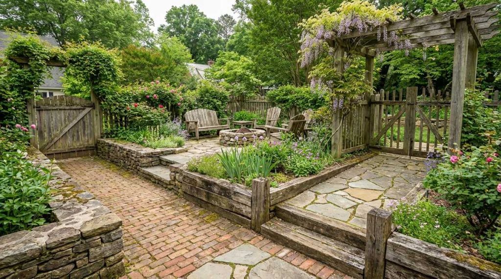 An image showcasing reclaimed brick, stone, and timber used in garden hardscaping, highlighting weathered patinas and irregular shapes that create an organic, cottage-like aesthetic while promoting sustainability through reduced material consumption and local sourcing.