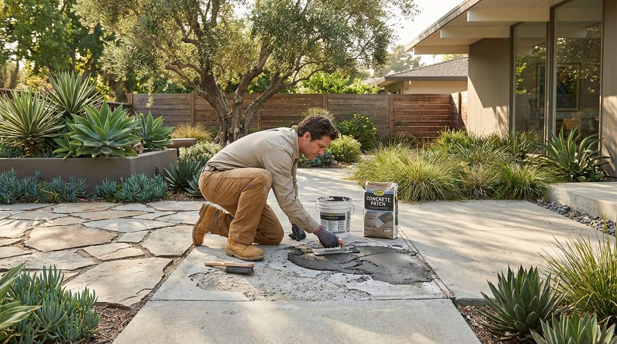 A professional repairing spalled concrete surfaces in a mid-century modern garden setting, showing proper surface preparation and application of compatible repair mortar to match original aggregates.