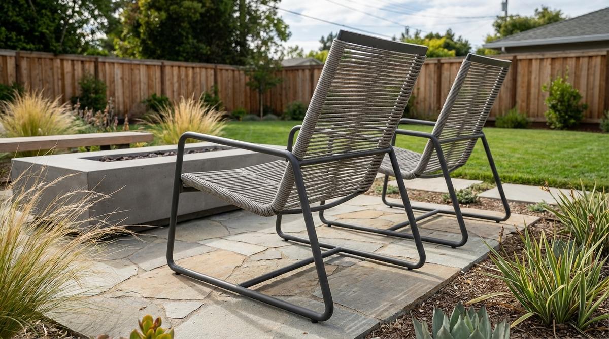 Contemporary rope and steel lounge chairs with marine-grade rope woven through powder-coated steel frames. Features excellent drainage, quick drying after rain, ergonomic contouring for cushion-free comfort, and neutral color options in gray, beige, or navy. Ideal for modern small garden furniture with minimalist aesthetic.