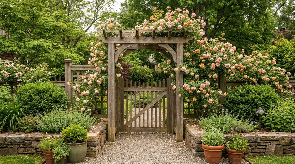 A wooden arbor with a garden gate covered in climbing roses in blush pink and apricot, providing vertical support and defining an entry point in a spring outdoor decor setting.