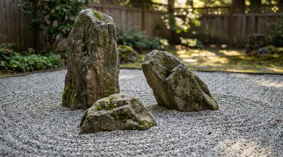 A close-up photograph showing three carefully arranged stones in a Japanese Zen garden, demonstrating the fundamental 'Rule of Three' composition. The stones are positioned to form a stable triangle with one tall, one medium, and one low stone, creating visual balance without symmetry. The arrangement follows traditional principles where the tallest stone establishes character, the medium stone relates at an angle, and the smallest completes the composition. This timeless grouping method works at any scale, from small courtyard gardens to expansive temple grounds.