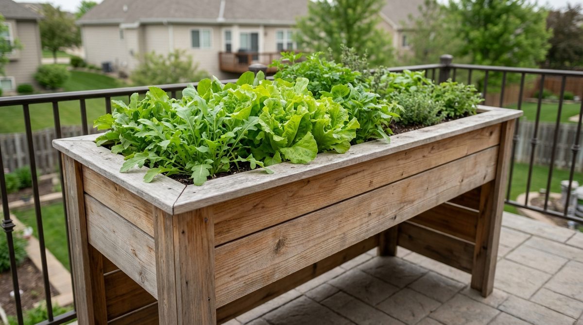A waist-height table planter with shallow growing beds, ideal for planting lettuce, arugula, and greens in balcony gardens. The ergonomic design reduces bending and improves air circulation, making it suitable for gardeners with mobility limitations.