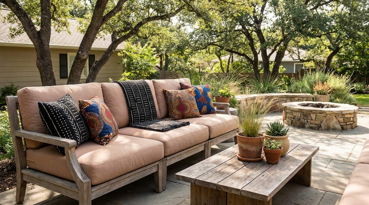 A sandstone-colored cushion fabric in an Afro Boho decor setting, showcasing its soft tan hue with pink-brown undertones that serve as a neutral anchor in earth-tone palettes. This fabric balances vibrant patterns like Ankara prints and mudcloth, providing visual rest while maintaining warmth and reflecting natural light to create an open, airy feel.