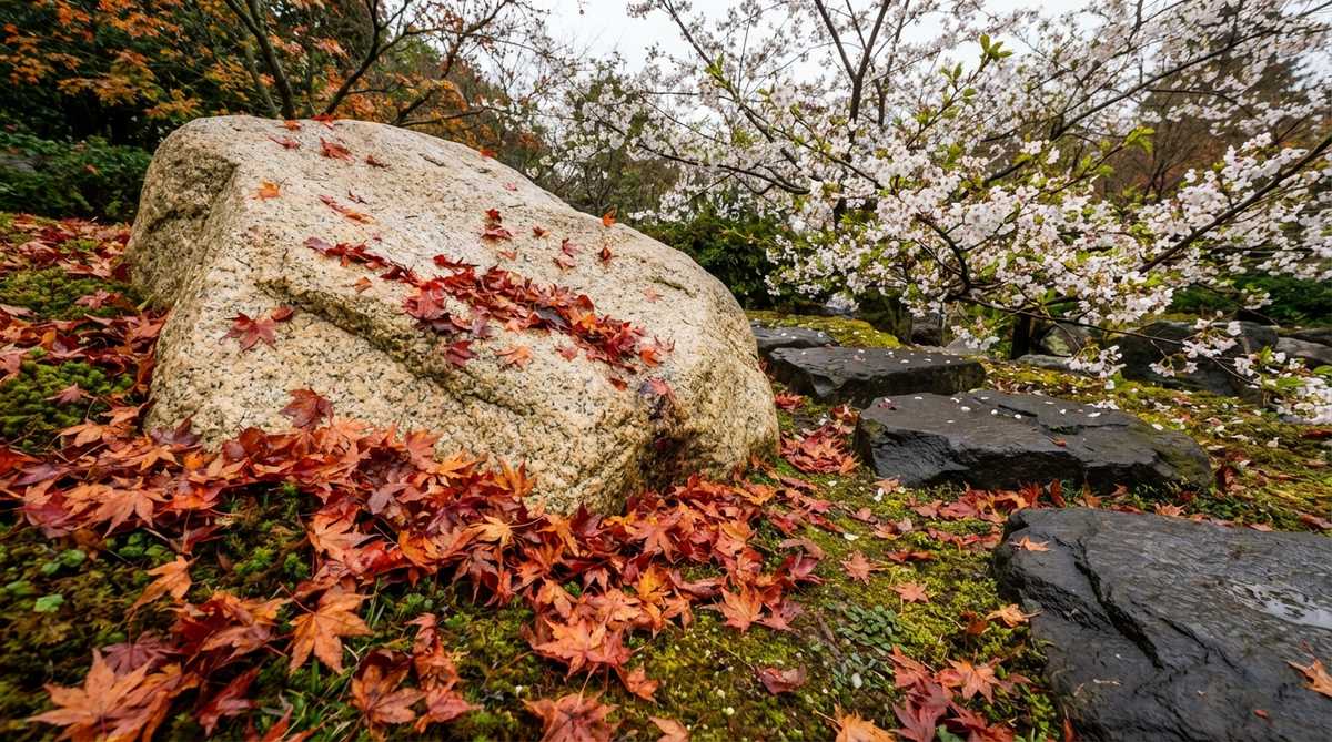 A light-colored stone placed strategically in a Japanese garden where autumn maple leaves collect around it, creating a beautiful contrast that highlights seasonal changes. The stone serves as a permanent marker against which the passage of time and natural cycles become visible, with dark basalt stones positioned beneath flowering cherry branches in the background.