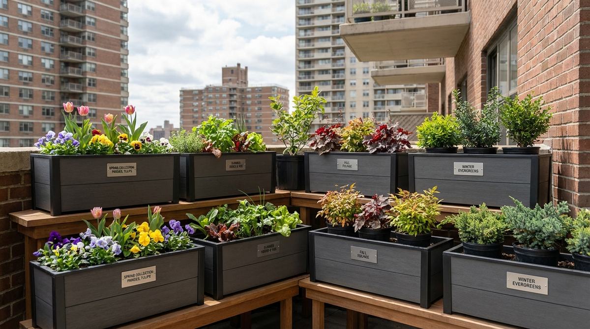 A dynamic urban balcony garden showcasing a seasonal rotation system with separate plant collections for spring, summer, fall, and winter, using standardized containers for easy swapping to maintain freshness and aesthetics year-round.