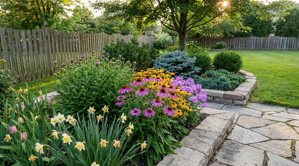 Illustration showing a small garden with layered plants in different seasons: spring bulbs, summer perennials, fall asters, and winter evergreens, demonstrating how to maintain year-round visual appeal through succession planting.