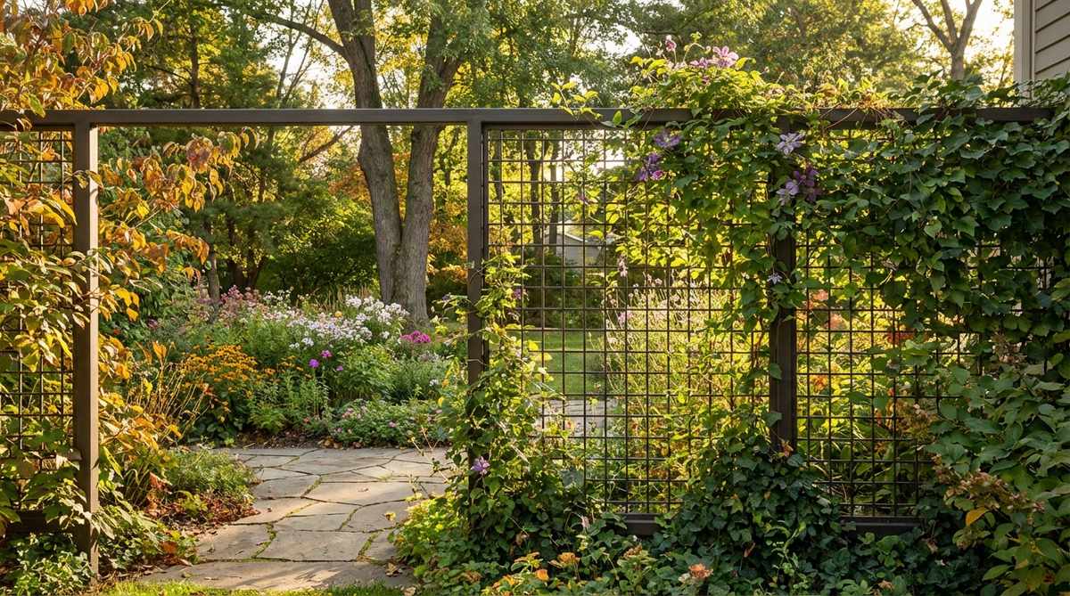 An open metal grid screen with climbing plants in a small garden, providing partial separation while allowing light and views to pass through, illustrating seasonal variation in opacity.
