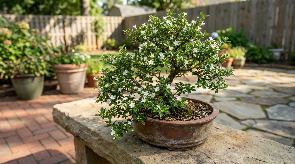 A close-up image of a Serissa foetida bonsai tree, showcasing its miniature leaves and tiny white flowers that bloom sporadically throughout the growing season. This plant is ideal for shohin and mame bonsai sizes without requiring reduction techniques, and it requires winter protection in cold climates due to frost sensitivity, tolerating indoor conditions well during protection periods.