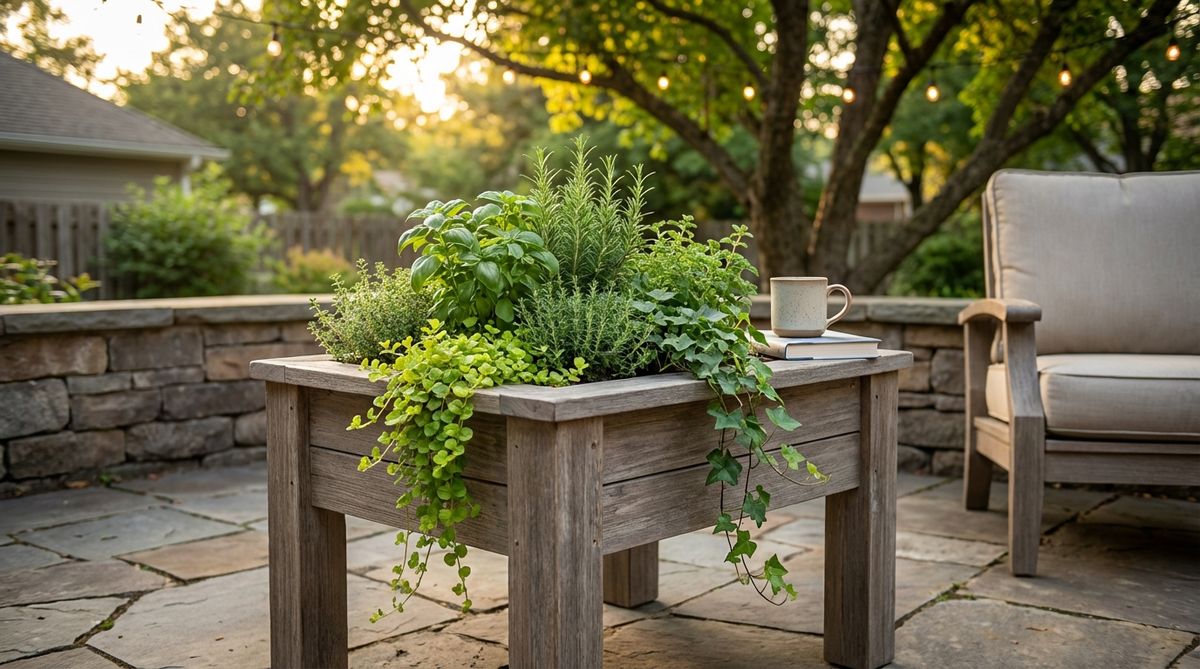 A side table with a built-in planter well, featuring compact herbs and trailing plants, serving as both functional furniture and garden decor in a small backyard setting.