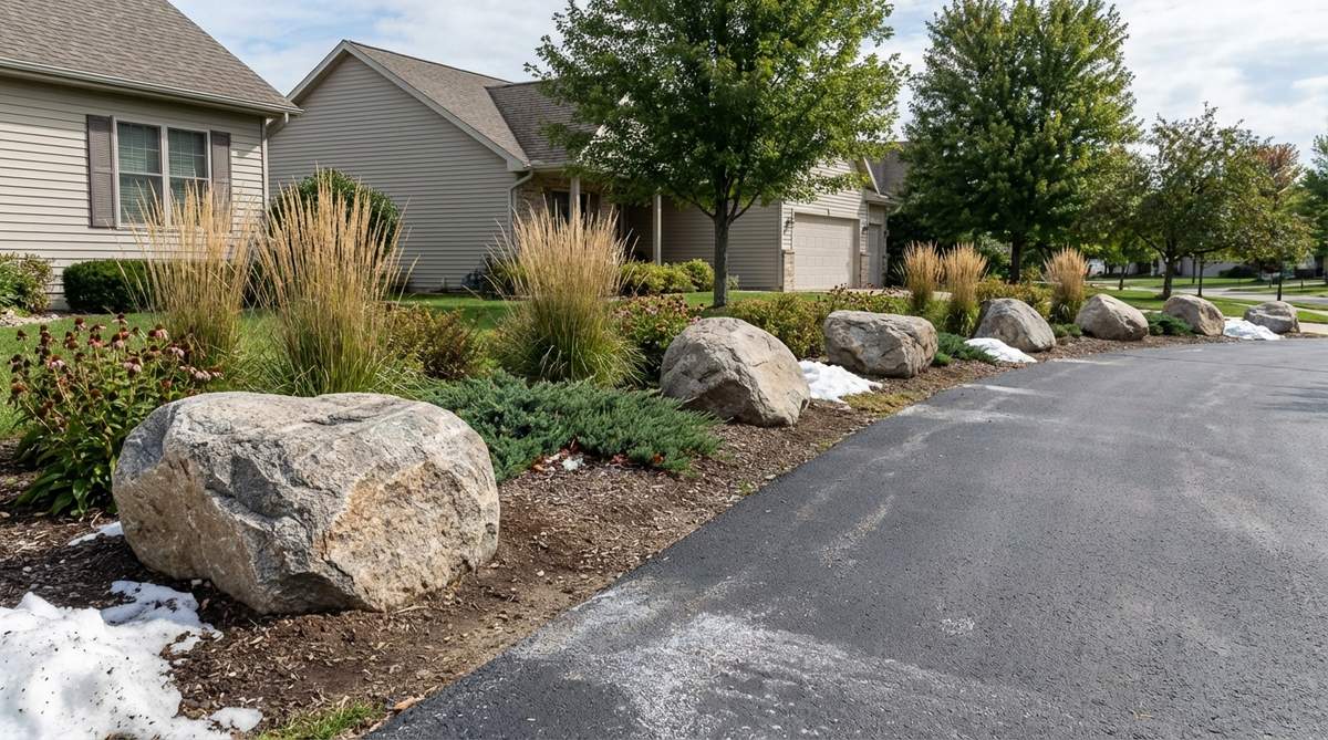 Large boulders weighing over 300 pounds arranged along a driveway edge to withstand snow plow impacts. The substantial stones protect planting beds from snow pile damage and salt spray, spaced 6-8 feet apart to create a visible barrier for plow operators.