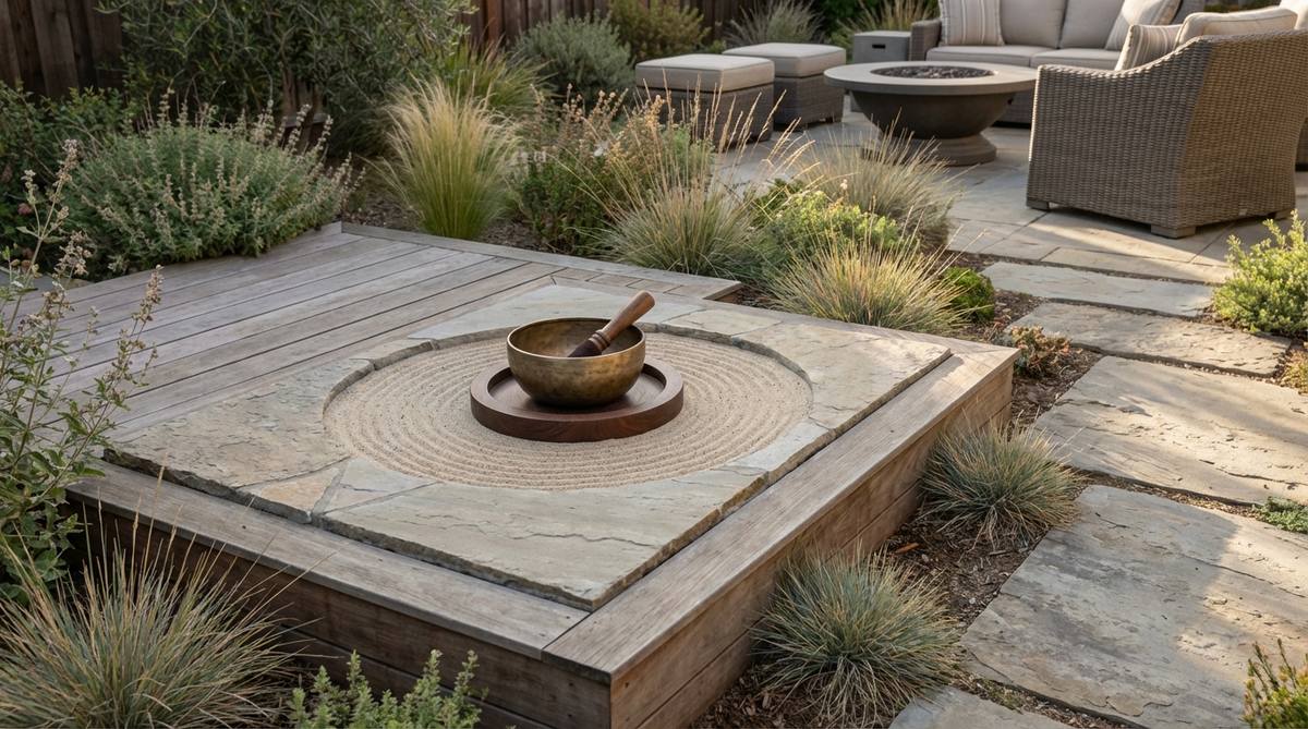 A small singing bowl rests in a central holder surrounded by a sand moat, designed for use in a mini zen garden. Strike the bowl before raking sessions to create auditory meditation cues, with sustained tones providing duration guidance for timed meditation periods. Sound vibrations resonate through the base, adding subtle haptic feedback for an enhanced meditative experience.