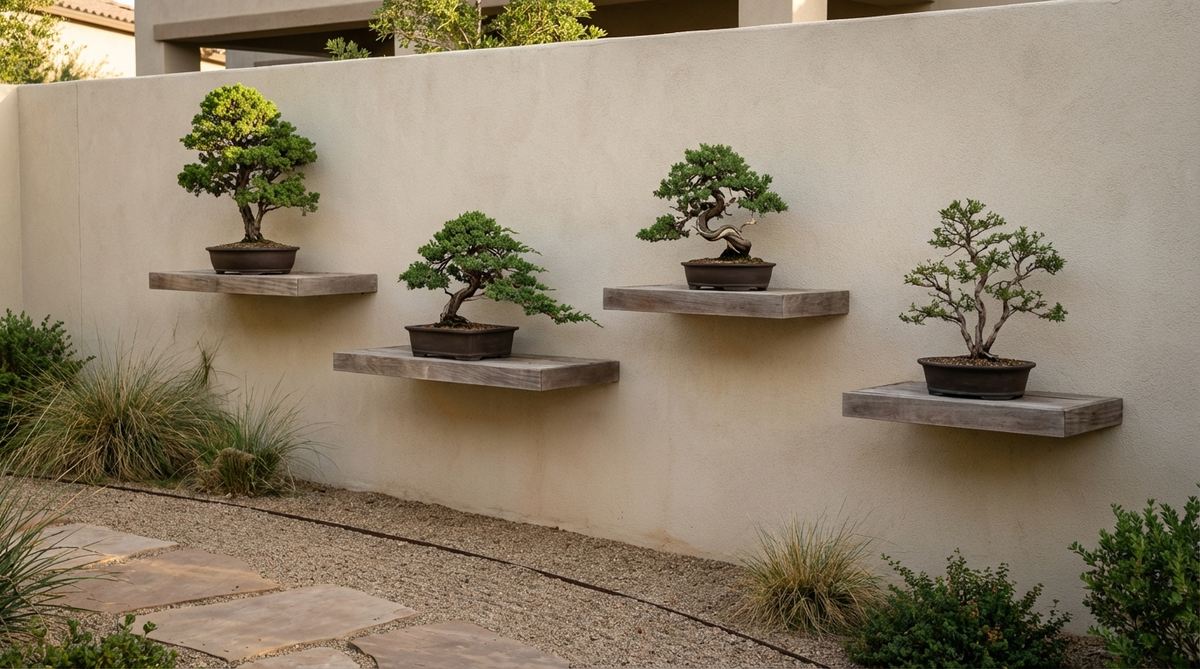 A minimalist wall arrangement with four identical floating shelves at varying heights, each showcasing a Juniper bonsai in different training stages. The rhythmic repetition of similar-styled bonsai creates a cohesive visual impact, emphasizing vertical space in a hallway or narrow room, enhancing the zen garden aesthetic.