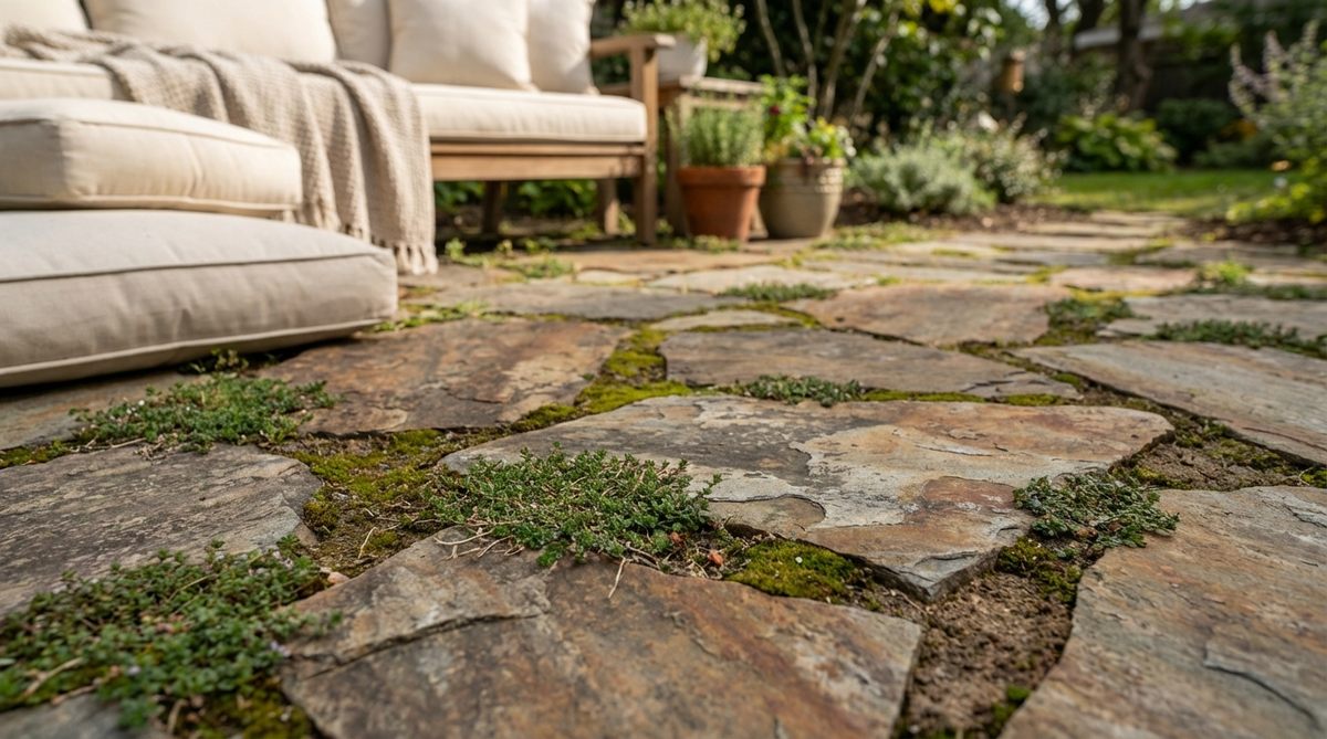 A close-up photo showing flagstone or slate pavers with natural color variation and texture, creating visual contrast against soft garden furnishings. The irregular stone shapes form organic patterns with wide joints planted with creeping thyme or moss, softening the hardscape in a cozy garden setting.