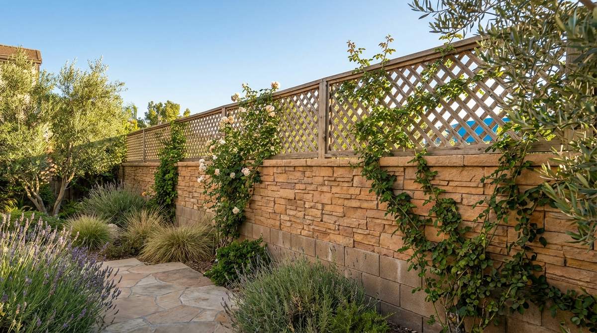 A small garden fence featuring a stone veneer base with lattice top, combining privacy with airflow and natural aesthetics. The design uses manufactured stone veneer over concrete blocks for cost-effective durability, topped with lattice sections that allow light penetration and support climbing vines. Ideal for Mediterranean or Tuscan-inspired landscapes, this fence provides eye-level privacy while maintaining views of the sky.