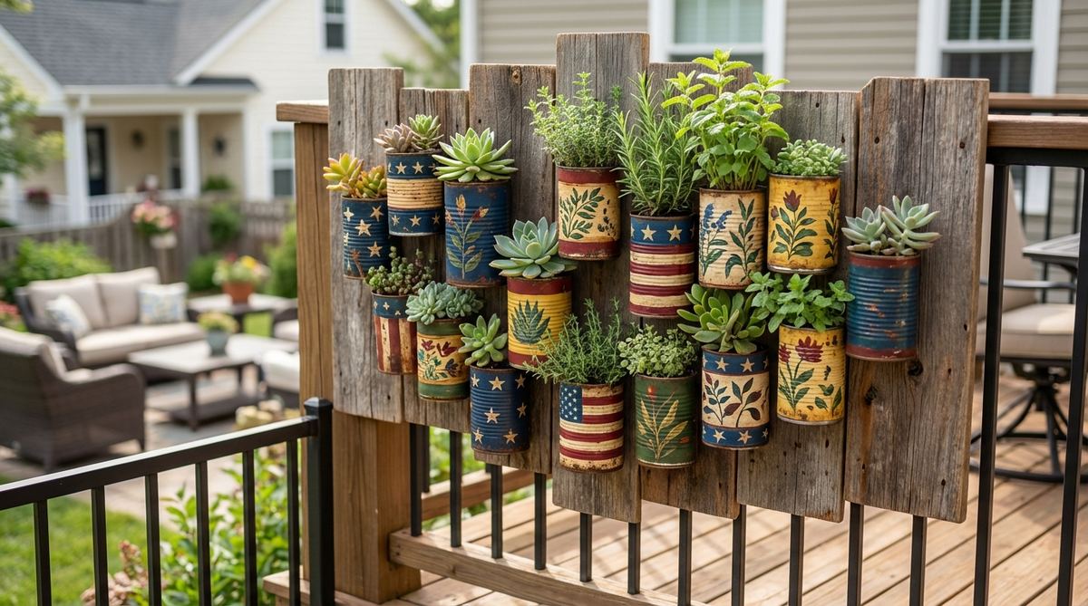 A colorful folk-art planter display made from painted food cans mounted on boards, featuring succulents or herbs in an asymmetric cluster arrangement for balcony decor.