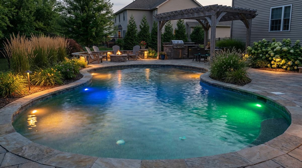 Submersible LED fixtures illuminating a pool or water feature from below, showcasing color-changing capabilities for mood customization in outdoor decor.