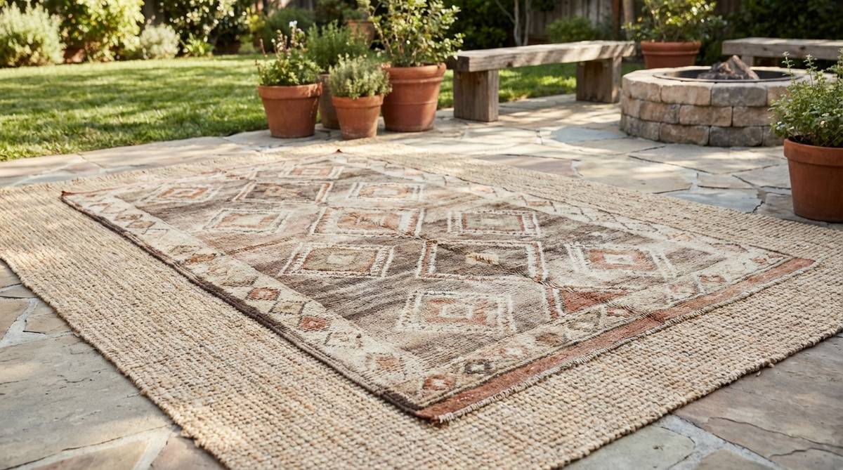 A vintage Moroccan rug, such as a Beni Ourain or Azilal style, featuring geometric patterns in muted earth tones. The aged wool fibers create a plush surface with natural color fading, layered over a neutral jute rug to introduce pattern while maintaining an earthy palette. This traditional tribal design adds cultural depth and visual complexity to simple boho spaces.