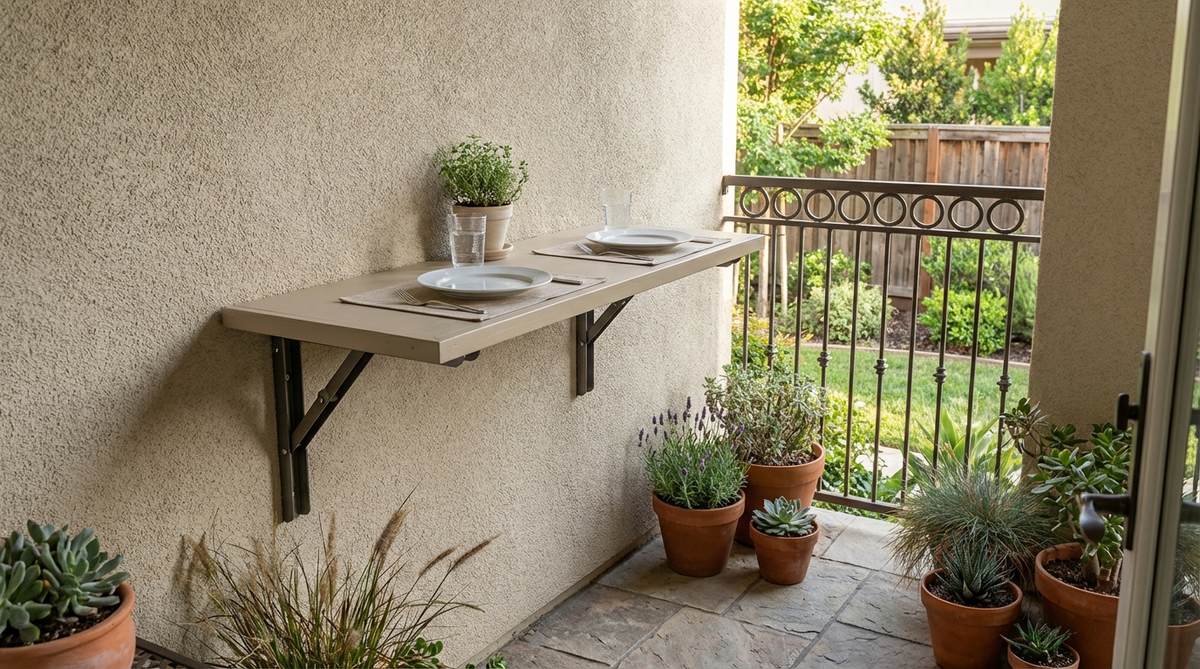 A wall-mounted fold-out dining ledge installed on an outdoor patio or balcony, showing the 36-inch shelf folded down at 30-inch height to create a dining surface for 2-3 people. The image highlights the heavy-duty brackets and fold-down legs for stability, with the ledge painted to match the wall color for a seamless, space-saving design ideal for small balconies under 80 square feet.