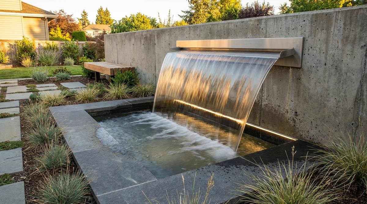 A sleek water blade fountain in a modern garden setting, featuring a thin sheet of water flowing from a wall-mounted panel. The glassy surface catches natural light beautifully while creating gentle ambient sound. LED backlighting provides soft illumination for nighttime drama, positioned over a concealed catch basin in paving or planting beds.
