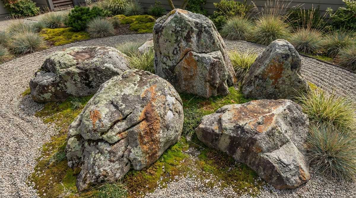 A collection of 3-5 aged boulders with natural patina effects like lichen growth, mineral staining, and erosion patterns, arranged to showcase their weathered faces in a zen garden setting that evokes ancient history and natural cycles.