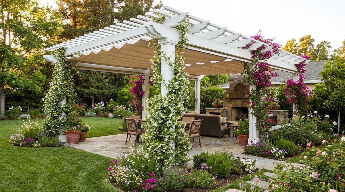 A white pergola featuring a retractable canopy, constructed from pressure-treated lumber or aluminum, with open beams for air circulation. Ideal for outdoor decor in summer, it provides adjustable shade and can be enhanced with climbing plants like jasmine or bougainvillea.