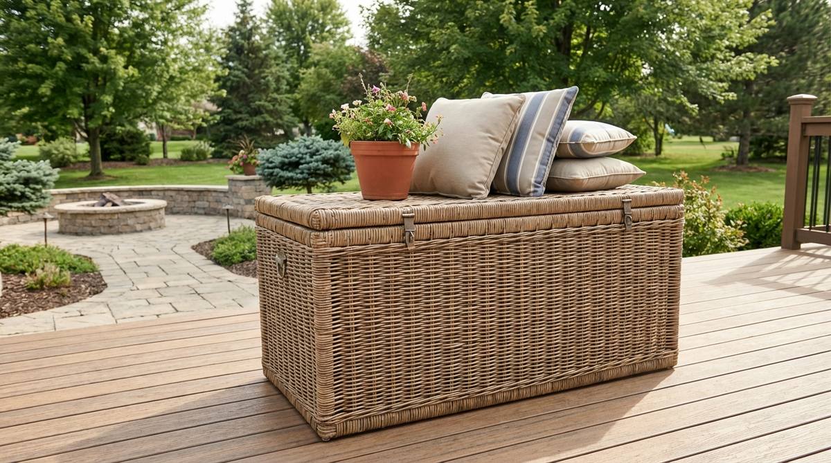 A large wicker storage trunk with a hinged lid, designed for weatherproof storage of cushions and textiles in boho gardens. It serves a dual function as both storage and a surface area, maximizing utility in smaller spaces. The interior can be lined with cedar blocks to prevent moisture and pests, and its substantial presence often makes it a signature focal point in garden decor.