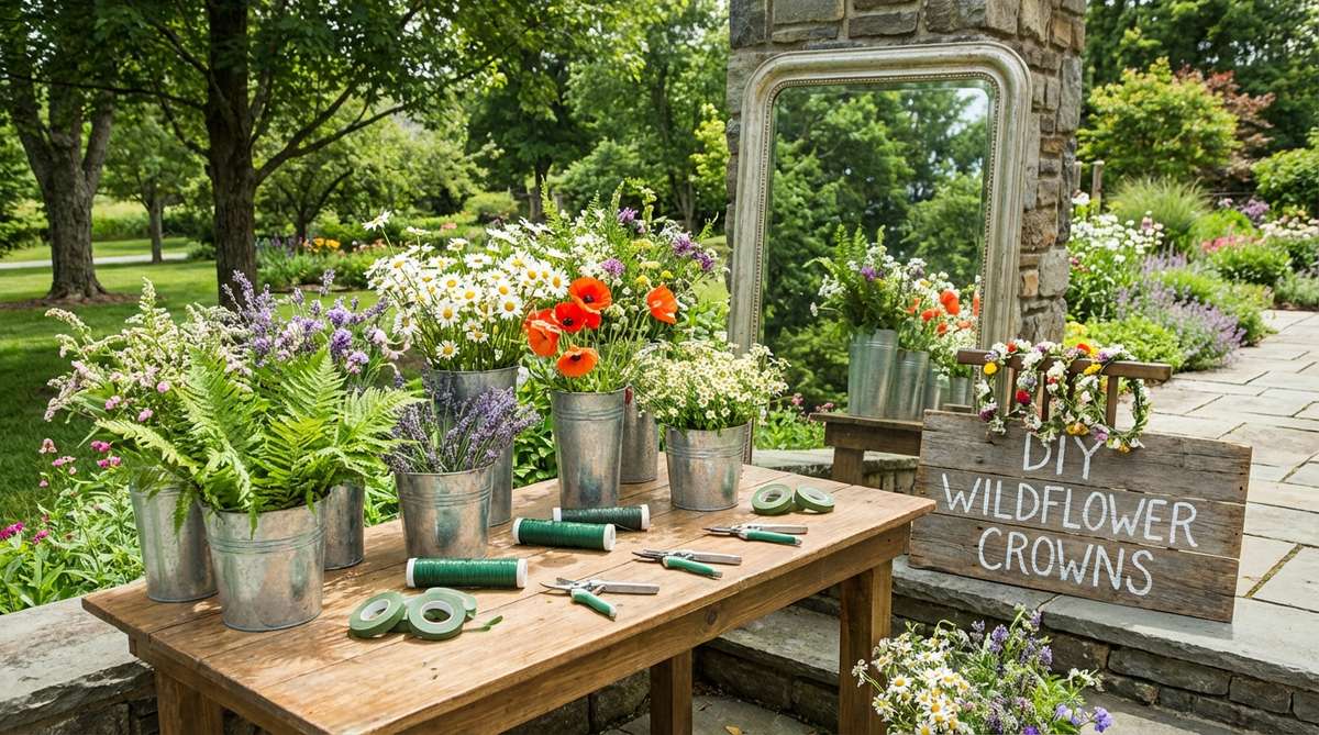 A DIY wildflower crown making station for a boho wedding, featuring floral wire, tape, and buckets of wildflower stems for guests to create their own flower crowns, with a mirror and examples to guide the activity.