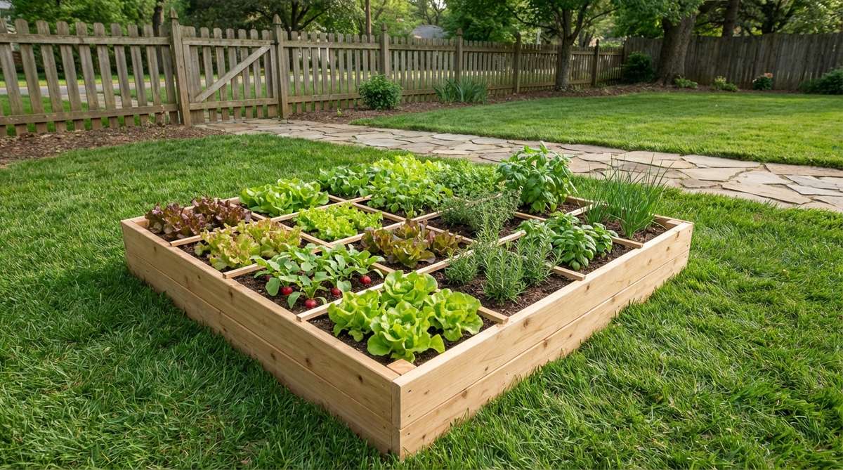 A compact 4x4-foot raised bed garden with a tidy square-foot layout, featuring lettuces, radishes, and herbs arranged in neat squares, ideal for small spaces and beginners.