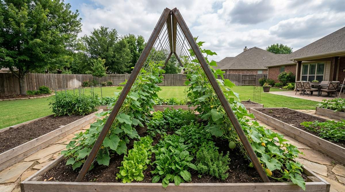 A sturdy A-frame trellis constructed from two cattle panels joined at a 50-degree angle, creating a triangular structure ideal for supporting climbing vegetables like cucumbers, melons, and squash. The design provides 32 square feet of growing surface in a compact 4-foot footprint, with plants growing on both sides and shade-tolerant crops thriving underneath.