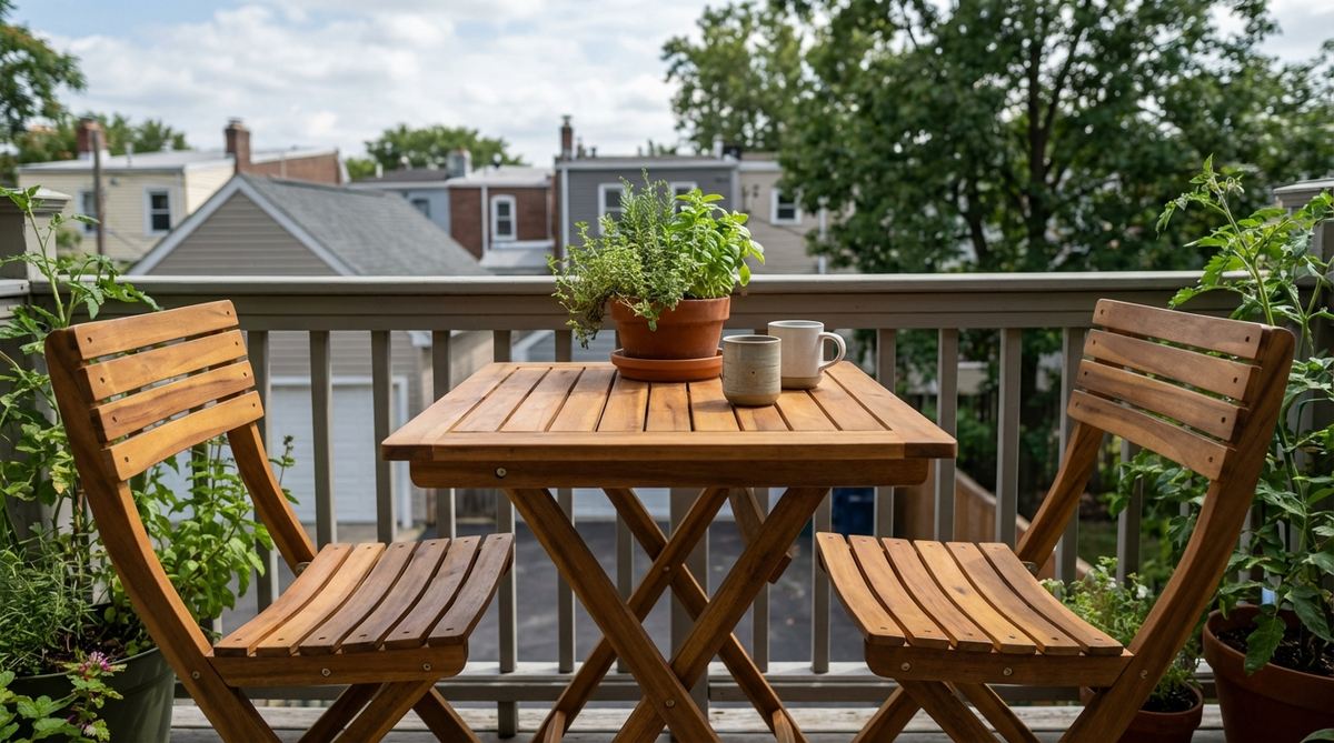 A foldable table and chairs set made from natural acacia wood, designed for urban balconies. The table measures 20x28 inches when deployed, suitable for laptops, meals, or board games, while the chairs feature contoured slats for comfort without cushions. Acacia wood's natural oils provide moisture and decay resistance, requiring only annual sealing for durability in outdoor settings.