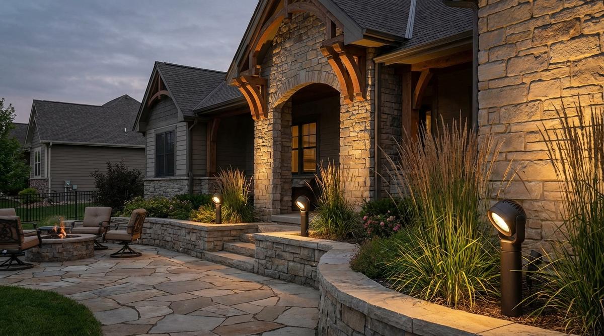 A modern garden lighting setup featuring adjustable gimbal uplights with rotating heads that pivot through 180-degree arcs. The lights are precisely aimed at architectural elements like corbels, arches, or stepped facades, showcasing their flexibility for irregular surfaces and eliminating the need for costly relocation after landscape modifications.