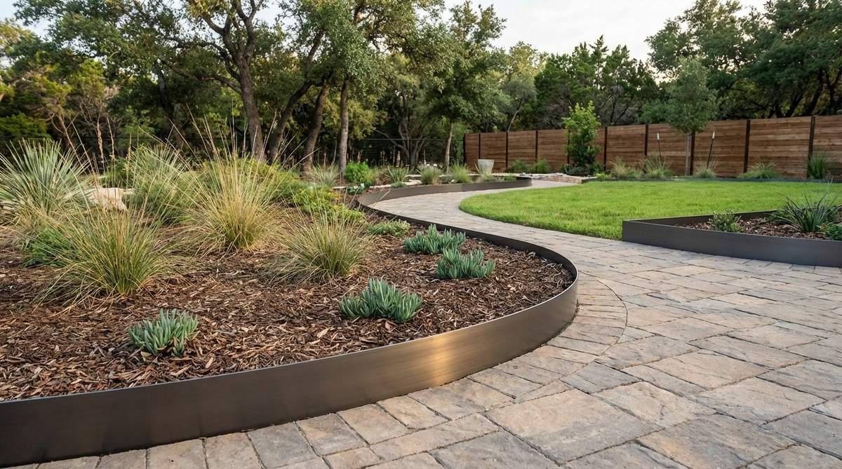 A sleek aluminum landscape edging installed in a modern garden, showcasing its corrosion resistance and precise workability for curved beds and pathways, with an anodized finish that ensures long-lasting durability.