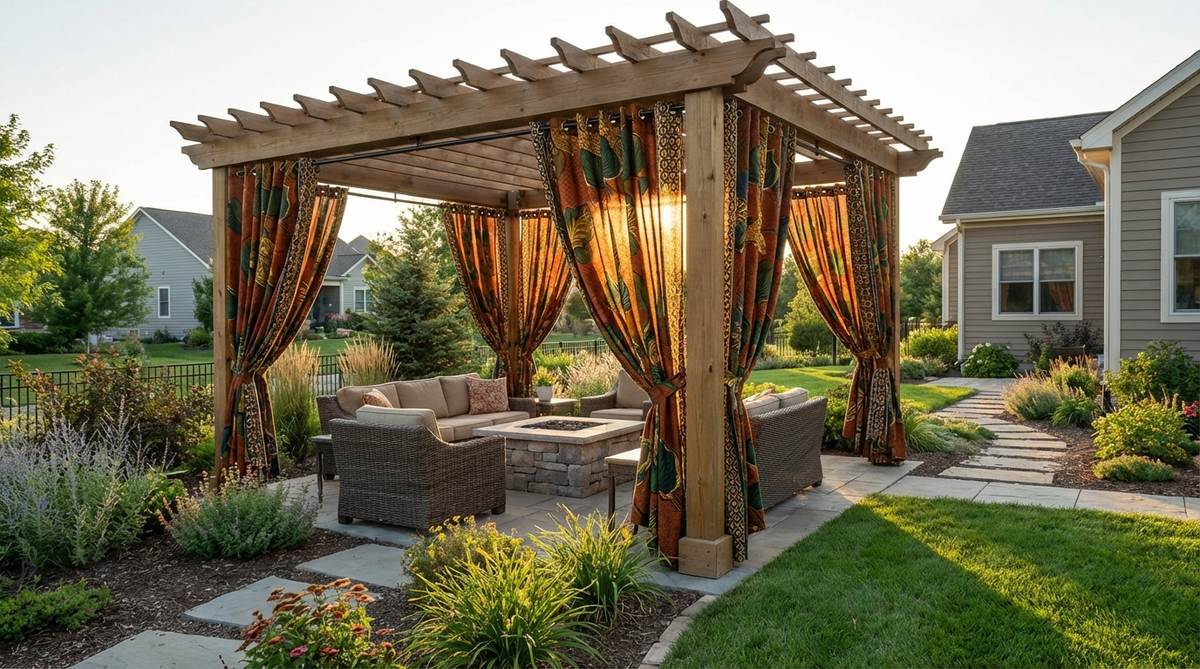 Vibrant Ankara fabric outdoor curtains with bold wax-print patterns in rust, ochre, and green tones, featuring organic motifs and geometric repeats that filter light beautifully for pergolas and covered outdoor rooms in Afro Boho decor.