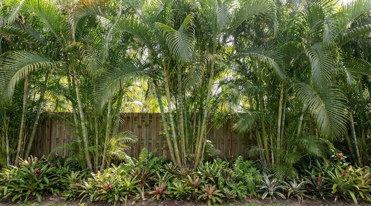 A dense clump of areca palms with multiple stems reaching 15-25 feet tall, creating a natural privacy barrier that softens hardscape boundaries. The soft, feathery fronds filter sunlight while allowing airflow, making them ideal for outdoor living zones. Planted along a fence line with proper spacing for seamless coverage, accompanied by lower-growing bromeliads and ferns at ground level to fill visual gaps and enhance textural contrast in tropical garden design.