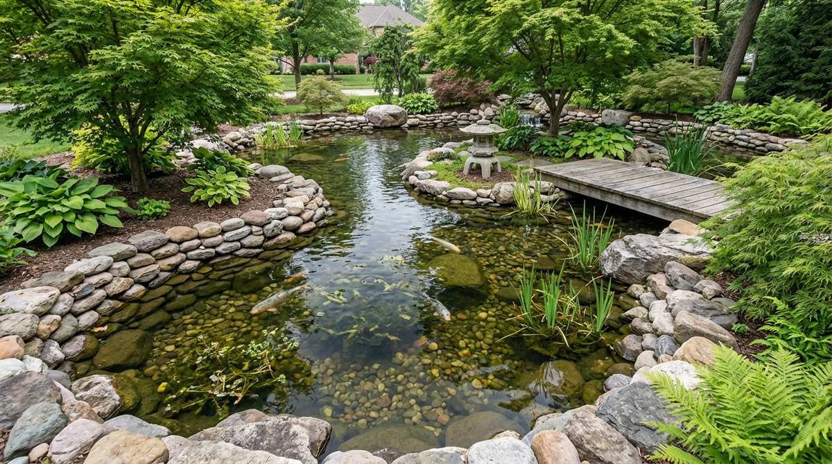 A naturalistic Japanese garden pond with flowing, asymmetrical curves that mimic water erosion, featuring river rocks on the bottom, larger feature stones at key points, and varying water depths from 6 inches to 4 feet to support diverse plant species and koi activity.