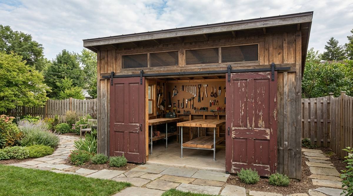A cozy garden shed featuring oversized sliding barn doors with weathered paint, interior workbenches made from reclaimed planks on galvanized pipe legs, and pegboard walls crafted from salvaged wood slats for tool organization, with transom windows above the doors for ventilation.