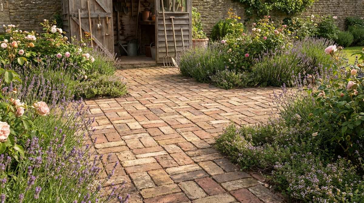 A close-up image showing the basket weave classic brick pattern in a garden setting, featuring pairs of horizontal and vertical bricks arranged in square modules to create a woven textile effect. This design evokes a relaxed, cottage-garden aesthetic, ideal for informal spaces like gathering areas, potting shed entries, and kitchen garden paths. The pattern is easy to install without angled cuts, making it suitable for weekend DIY projects.