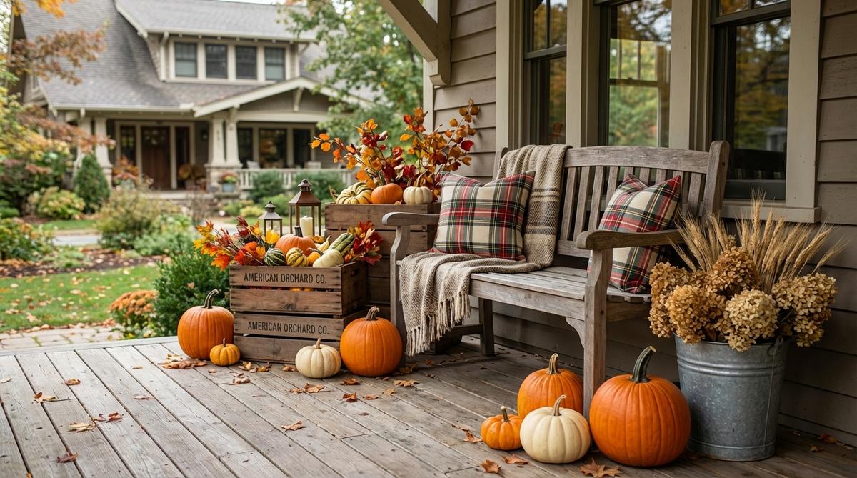 A styled wooden bench on a porch with pumpkins, plaid pillows, wool blankets, and a galvanized bucket filled with dried hydrangeas and wheat stalks. Vintage crates stacked nearby hold gourds and autumn foliage, creating a cozy seasonal display for fall outdoor decor.