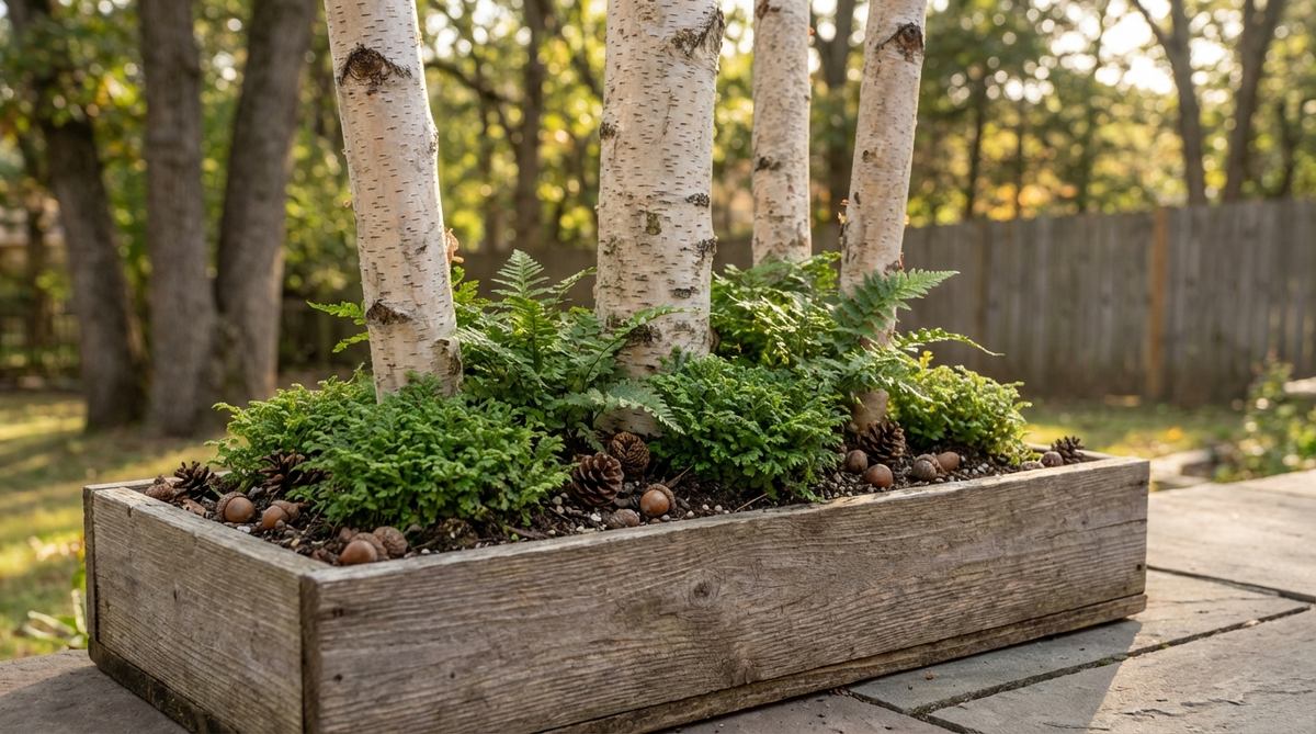 A miniature garden scene featuring vertical birch bark pieces as tree trunks, with fine-textured selaginella or miniature ferns at the base representing undergrowth. Tiny pinecones and acorns are scattered as forest debris, creating depth and height in a rectangular planter.
