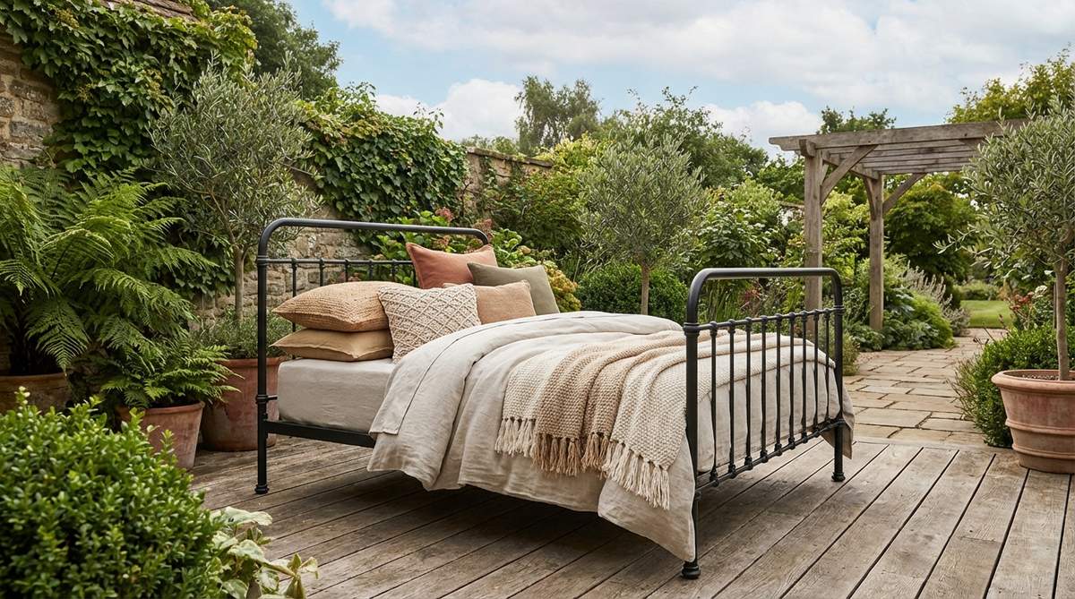 A black metal bed frame with a matte finish, featuring wrought iron or powder-coated design, set against bohemian decor elements like neutral linens, textured throws with tassels, and natural-toned pillows. This image highlights the industrial edge and architectural presence of the frame contrasting with soft, flowing textiles and organic shapes in a black boho-inspired bedroom setting.