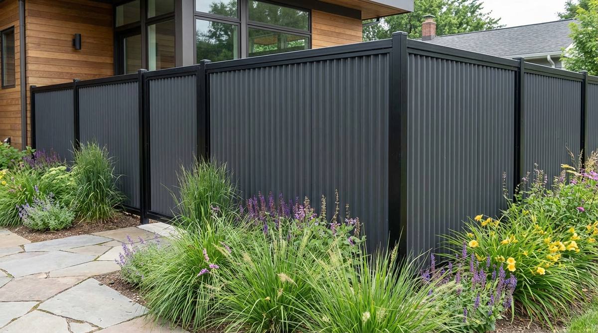 A contemporary garden fence featuring a matte black steel frame with corrugated metal infill panels. This industrial-style fence creates bold visual statements in modern gardens, with vertical corrugation adding subtle texture while maintaining clean geometric lines. The modular frame construction allows for easy panel replacement, and welded corners provide superior structural integrity. Ideal for loft-style gardens, this dark-finished fence visually recedes to make surrounding plantings stand out.