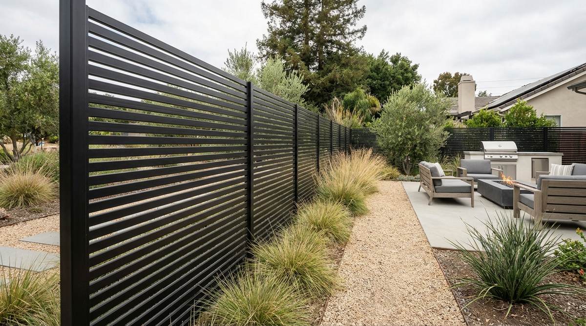 A modern blackened steel slat screen fence, featuring narrow powder-coated steel slats with a dark finish that recedes visually, ideal for small garden perimeters in contemporary landscapes with minimal maintenance and corrosion resistance for coastal environments.