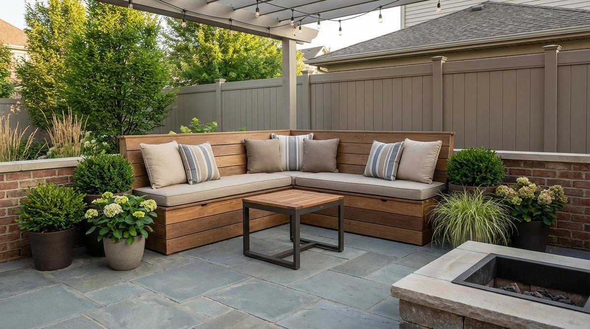 An L-shaped bench with cushions and a compact contemporary garden table in a patio corner, designed to maximize seating and storage in small outdoor spaces.