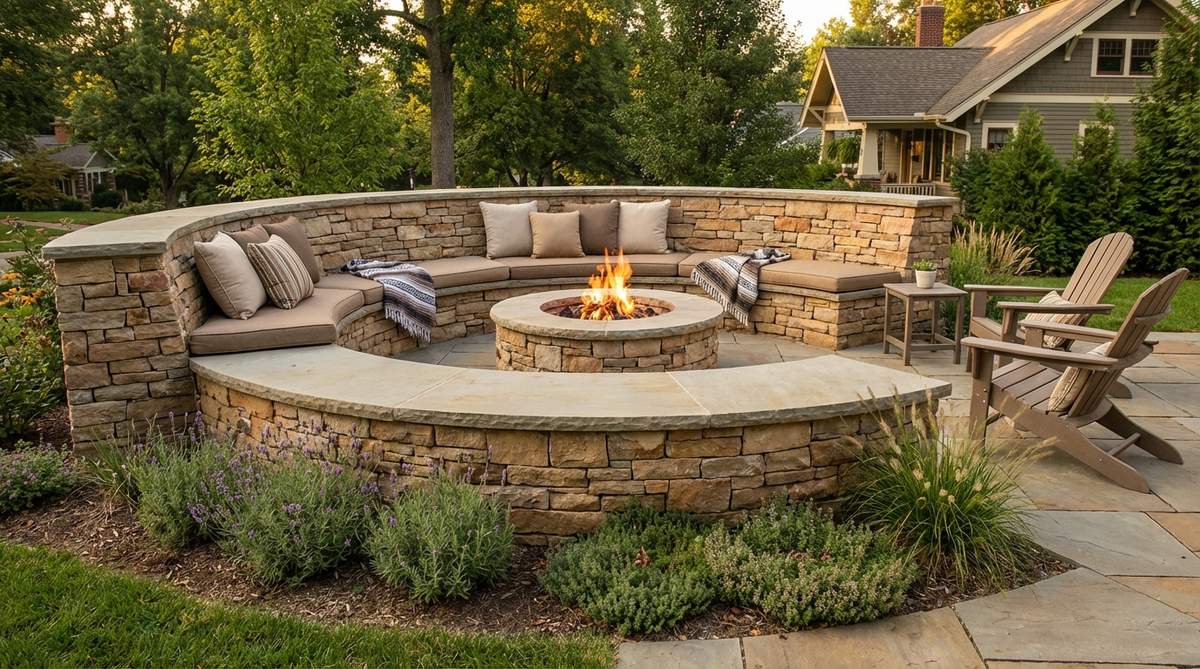 A cozy garden featuring built-in seat walls made of stone or brick, arranged in U-shape or L-configuration around a fire pit to encourage conversation. The walls are capped with smooth flagstone for comfort and warmth retention, with low perennials planted at the base to soften edges while maintaining a defined footprint, showcasing year-round usability without storage concerns.