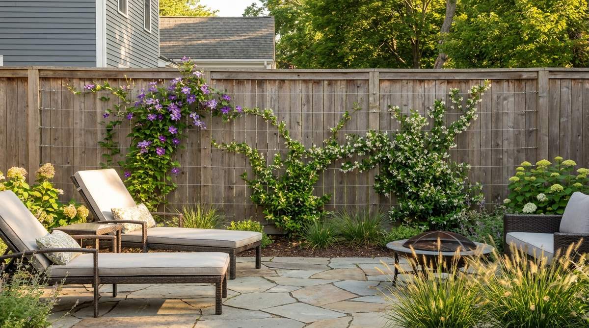 A minimalist stainless steel cable trellis system stretched horizontally at 12-inch intervals, supporting climbing plants like clematis and jasmine in a small modern garden space.