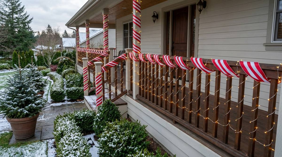 Red and white striped fabric or weather-resistant ribbon spiraled around balcony railing balusters to create a festive candy cane effect for Christmas decoration. The wrap adds vibrant holiday color without electrical connections, secured with outdoor-rated adhesive or concealed zip ties. Shows even three-inch spacing between stripes for clear visual definition, optionally combined with white lights wrapped in opposite spiral direction for subtle illumination.