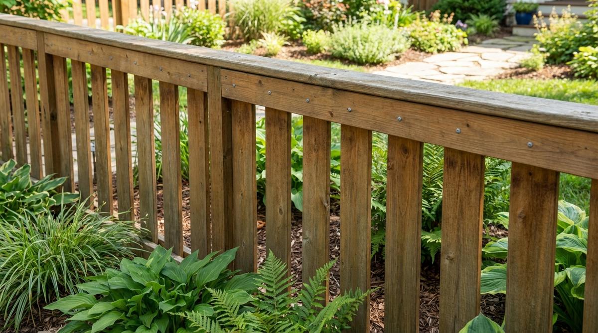 A close-up view of a garden fence featuring a capped vertical board design with trim, showcasing a horizontal cap board installed over standard vertical pickets to protect against moisture and add architectural detail. The image highlights the clean horizontal lines contrasting with the vertical rhythm, illustrating the installation of one-by-six cap boards secured with galvanized screws and finished with matching stain to enhance durability and aesthetic appeal in garden design.